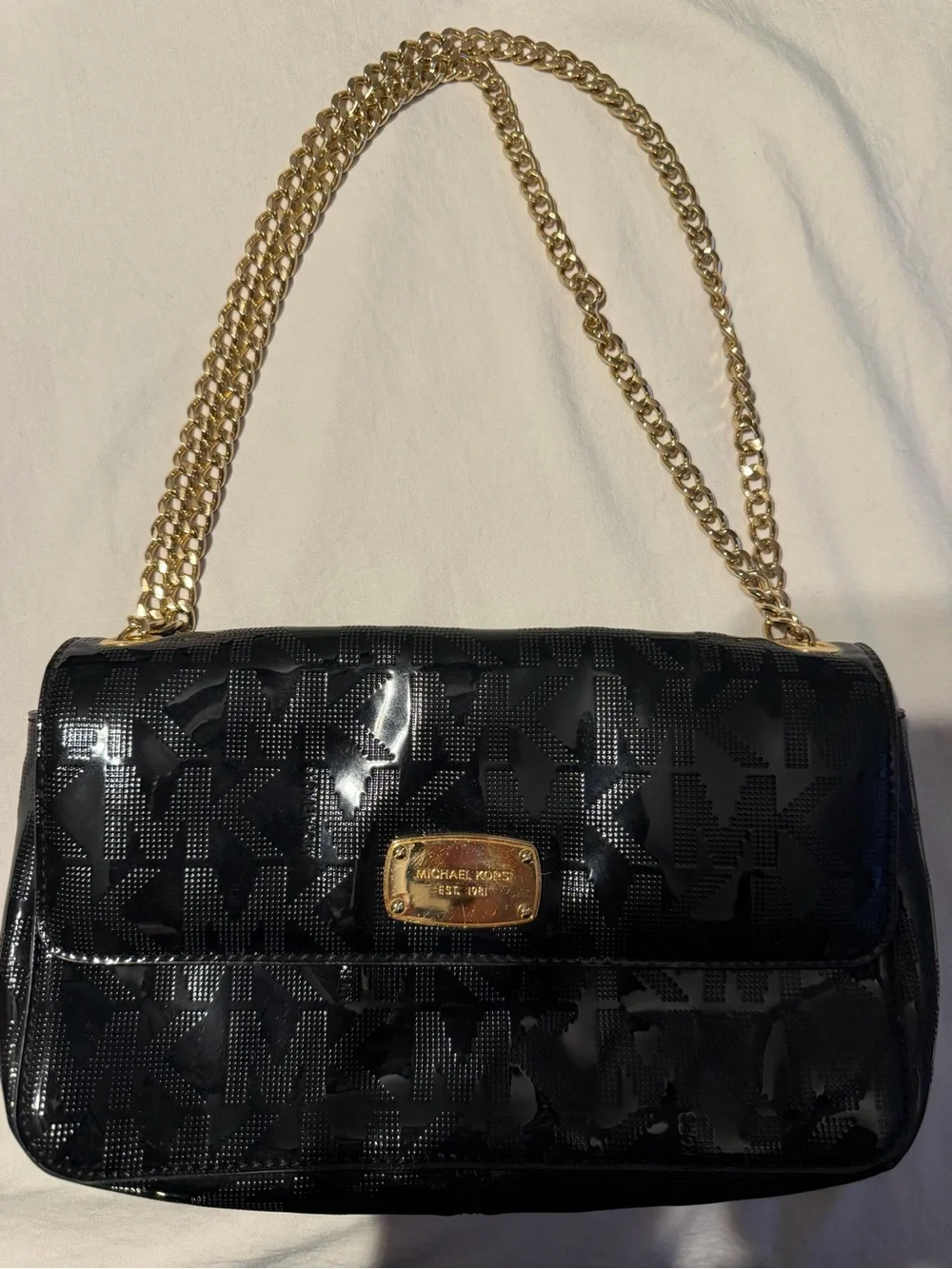 Michael Kors Black Patent Logo Shoulder Bag with Gold Chain Strap